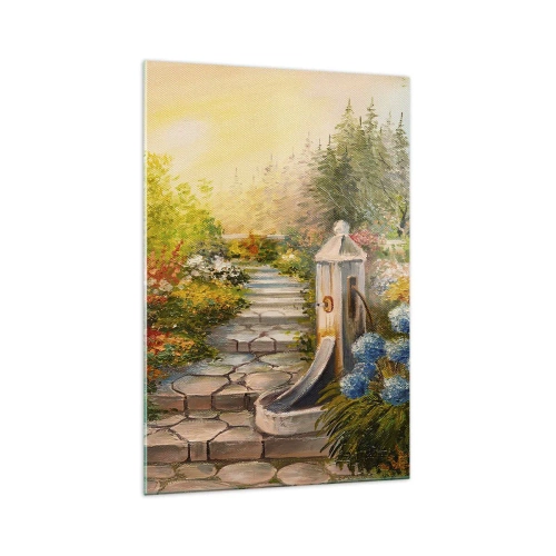 Glasbild - Bild auf glas - Ein malerischer Garten mit einem Brunnen und bunten Blumen - 70x100cm - In voller Blüte - Moderne Wanddekoration für Wohnzimmer und Schlafzimmer ARTTOR