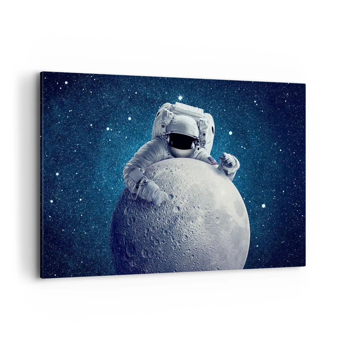 Bild auf Leinwand - Leinwandbild - Astronaut hält den Mond vor einem Sternenhimmel - 120x80cm - Weltraumjoker - Moderne Wanddekoration für Wohnzimmer und Schlafzimmer ARTTOR