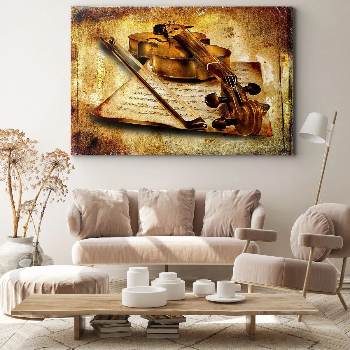 Bild auf Leinwand - Leinwandbild - Eine Geige mit Notenblättern vor einem Vintage-Hintergrund in warmen Tönen - 70x50cm - Ein Virtuose dringend benötigt - Moderne Wanddekoration für Wohnzimmer und Schlafzimmer ARTTOR