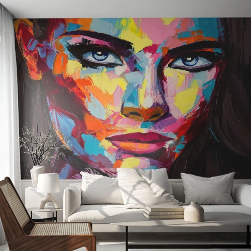 Fototapete Premium Sand - Farbenfrohes Frauenporträt im expressionistischen Stil - 100x70cm - Auch die Seele ist bunt - Moderne Wanddekoration für Wohnzimmer und Schlafzimmer ARTTOR