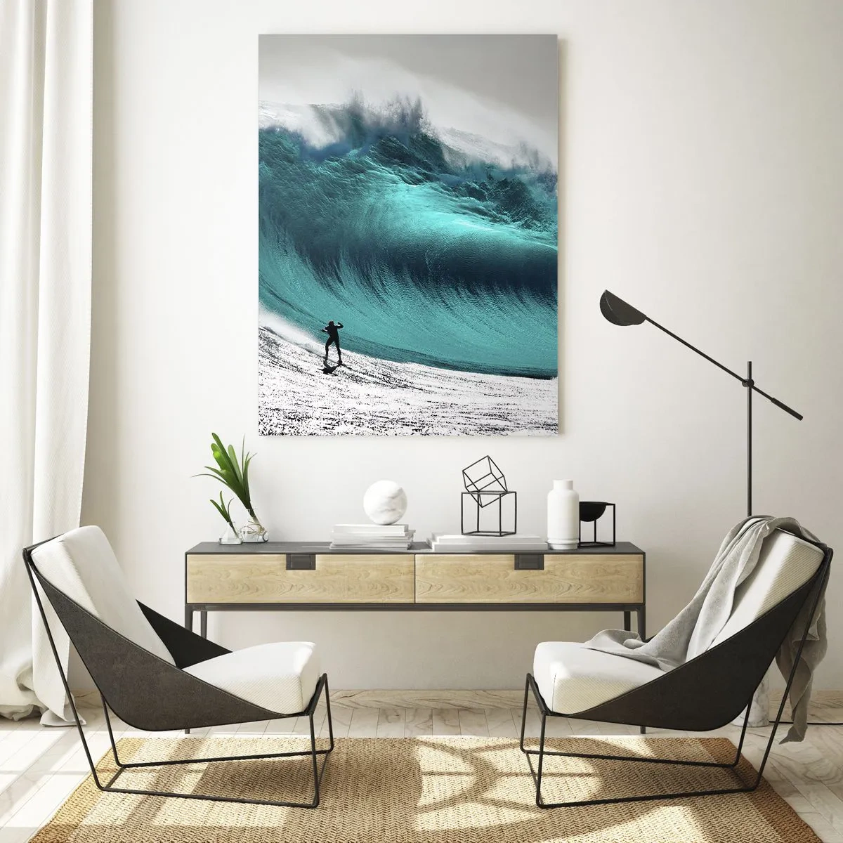 Glasbild - Bild auf glas - Surfer vor einer riesigen Welle - 70x100cm - Herausforderung angenommen - Moderne Wanddekoration für Wohnzimmer und Schlafzimmer ARTTOR