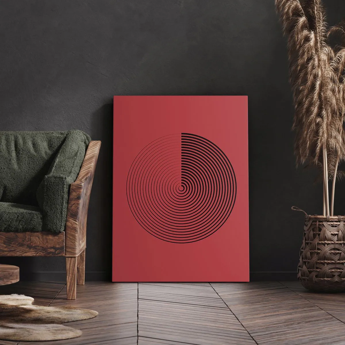 Bild auf Leinwand - Leinwandbild - Konzentrische Kreise auf rotem Hintergrund - 70x100cm - Kreisbewegung - Moderne Wanddekoration für Wohnzimmer und Schlafzimmer ARTTOR