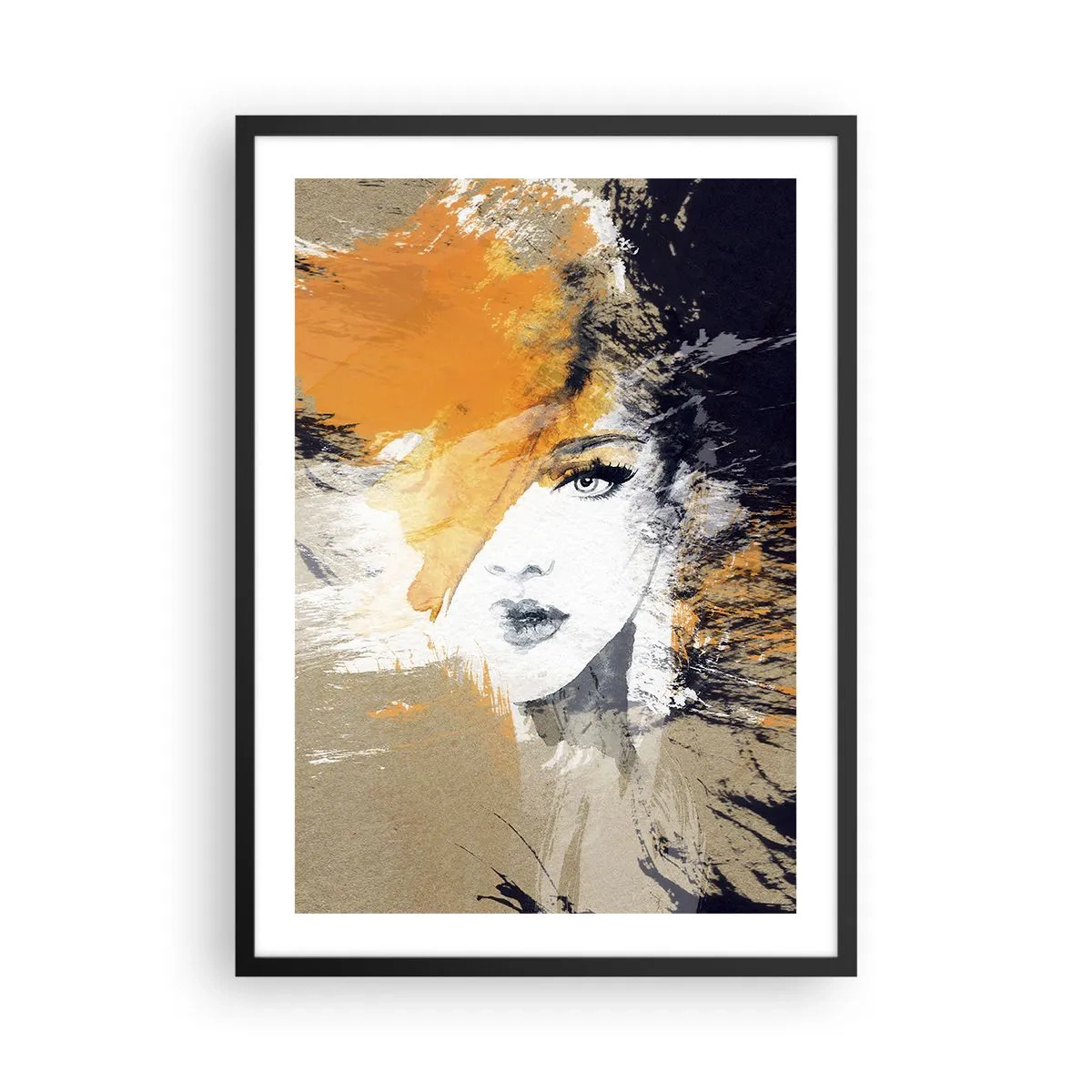 Poster in einem schwarzem Rahmen - Porträt einer Frau im künstlerischen Stil mit orangefarbenen Akzenten - 50x70cm - Und es ist Licht - Moderne Wanddekoration für Wohnzimmer und Schlafzimmer ARTTOR