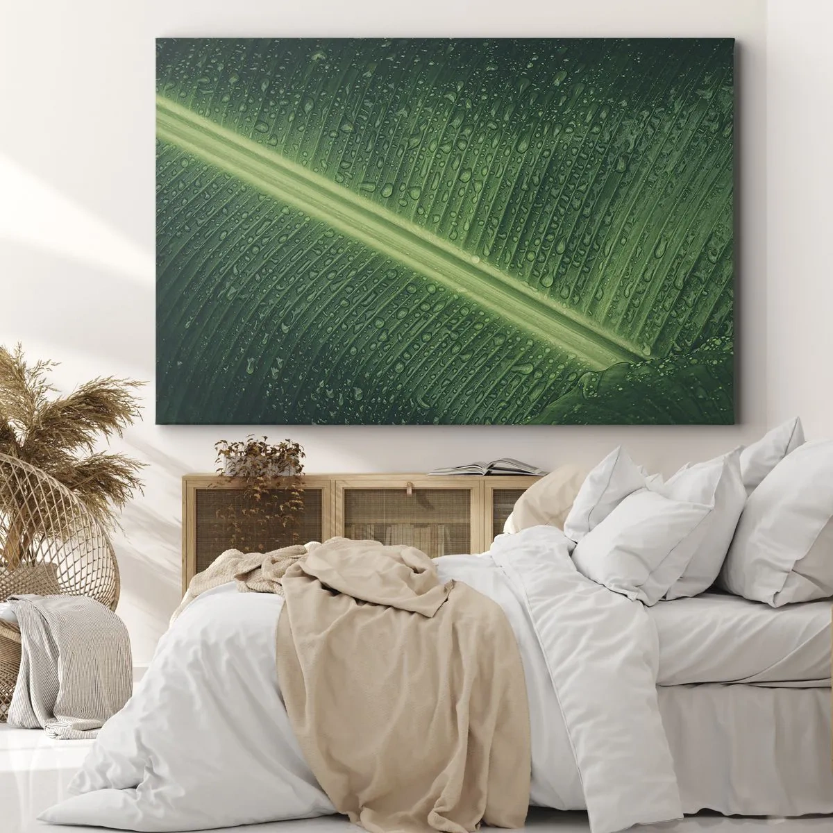 Bild auf Leinwand - Leinwandbild - Ein grünes Blatt mit Wassertropfen auf der Oberfläche - 100x70cm - Die Struktur des Grüns - Moderne Wanddekoration für Wohnzimmer und Schlafzimmer ARTTOR