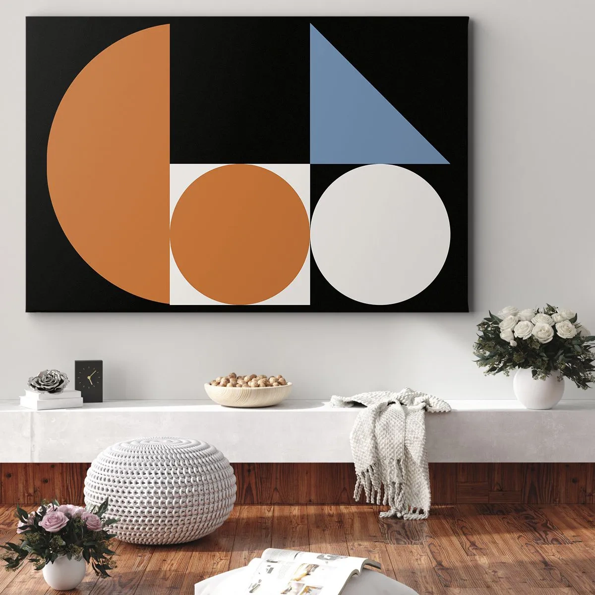 Bild auf Leinwand - Leinwandbild - Geometrisches Muster mit bunten Formen auf schwarzem Hintergrund - 100x70cm - Bebilderte Anordnung - Moderne Wanddekoration für Wohnzimmer und Schlafzimmer ARTTOR