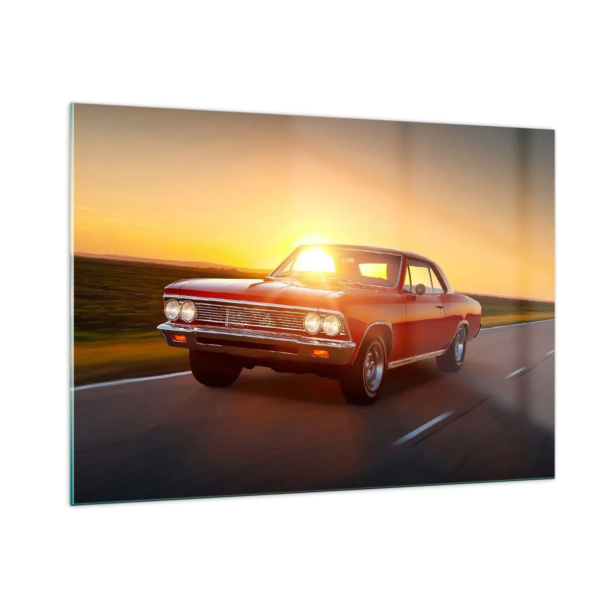 Glasbild - Bild auf glas - Roter Oldtimer vor der untergehenden Sonne - 100x70cm - Begehren ist rot - Moderne Wanddekoration für Wohnzimmer und Schlafzimmer ARTTOR