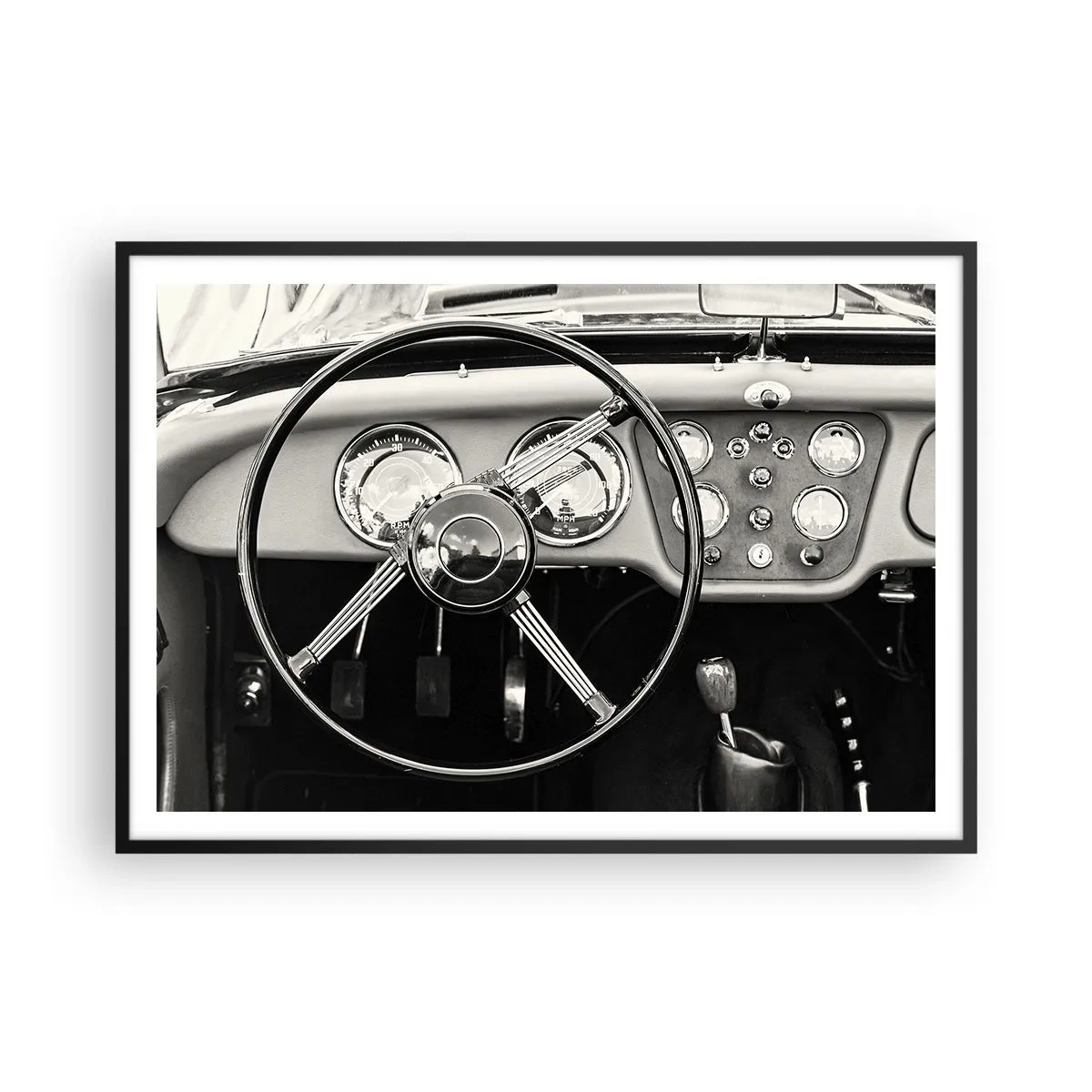 Poster in einem schwarzem Rahmen - Schwarz-weißes Oldtimer-Interieur - 100x70cm - Ein Sammlertraum - Moderne Wanddekoration für Wohnzimmer und Schlafzimmer ARTTOR