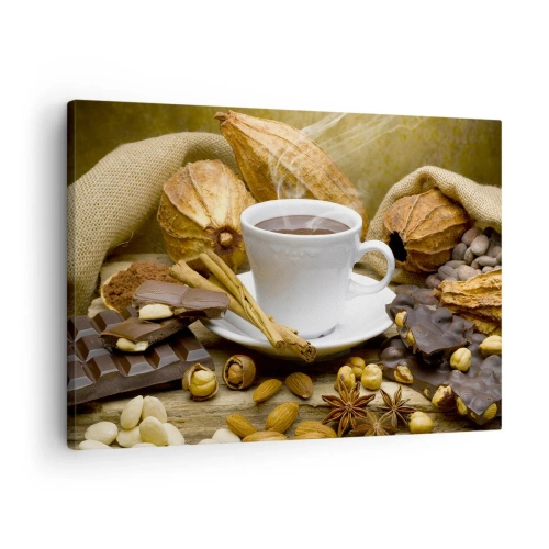 Bild auf Leinwand - Leinwandbild - Eine Tasse heiße Schokolade, umgeben von Kakao und Zimt - 70x50cm - Für Nervenkitzel-Suchende - Moderne Wanddekoration für Wohnzimmer und Schlafzimmer ARTTOR