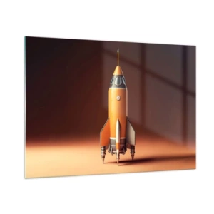 Glasbild - Bild auf glas - Eine orangefarbene Rakete vor einem sanften hellen Hintergrund - 100x70cm - Es beginnt mit einem Traum - Moderne Wanddekoration für Wohnzimmer und Schlafzimmer ARTTOR