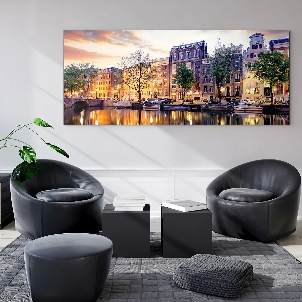 Glasbild - Bild auf glas - Kanal mit Spiegelung von Mietshäusern im Abendlicht - 140x50cm - Zurückhaltende und gelassene niederländische Schönheit - Moderne Wanddekoration für Wohnzimmer und Schlafzimmer ARTTOR