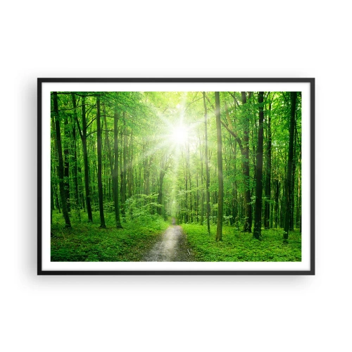 Poster in einem schwarzem Rahmen - Pfad im Wald mit Sonnenstrahlen - 100x70cm - Die grüne Kathedrale - Moderne Wanddekoration für Wohnzimmer und Schlafzimmer ARTTOR