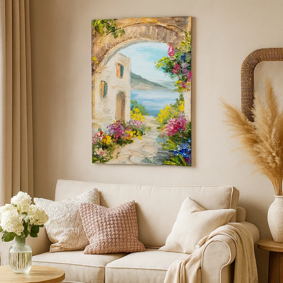 Bild auf Leinwand - Leinwandbild - Küstenlandschaft mit Steingebäuden und Blumen - 50x70cm - Charme einer Küstenprovinz - Moderne Wanddekoration für Wohnzimmer und Schlafzimmer ARTTOR