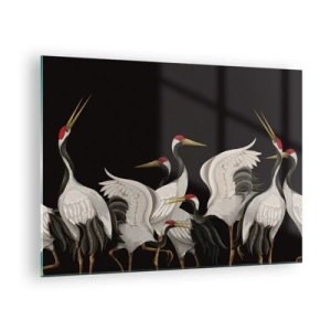 Glasbild - Bild auf glas - Weiße Kraniche mit roten Köpfen auf schwarzem Hintergrund - 70x50cm - Vogelsachen - Moderne Wanddekoration für Wohnzimmer und Schlafzimmer ARTTOR