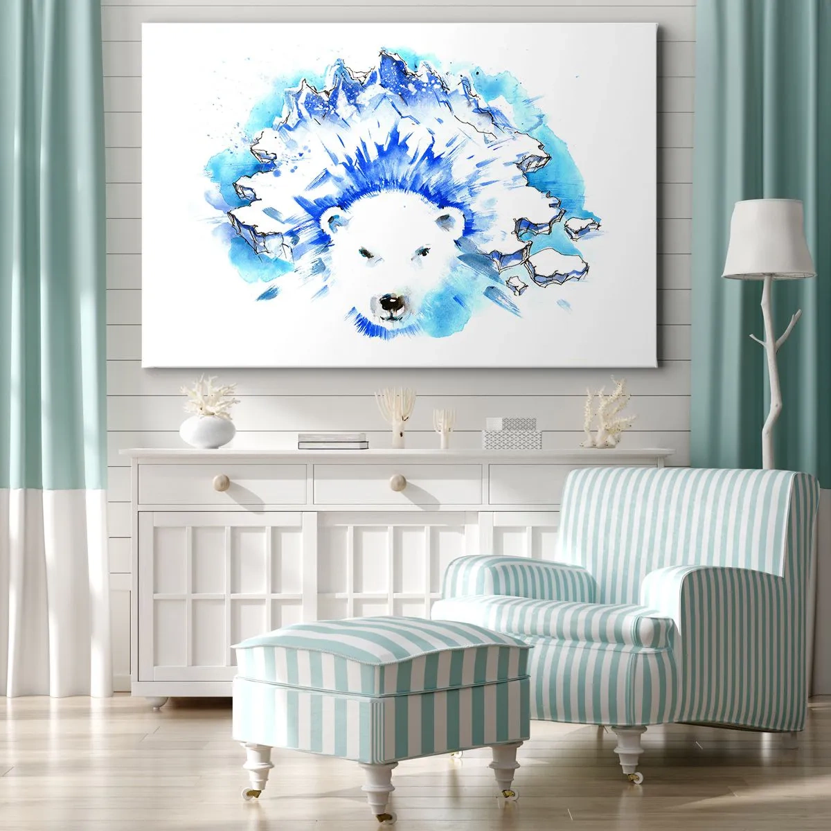 Bild auf Leinwand - Leinwandbild - Künstlerische Aquarellmalerei eines Eisbären mit eisigem Motiv - 70x50cm - Der König der Arktis in einer Eiskrone - Moderne Wanddekoration für Wohnzimmer und Schlafzimmer ARTTOR