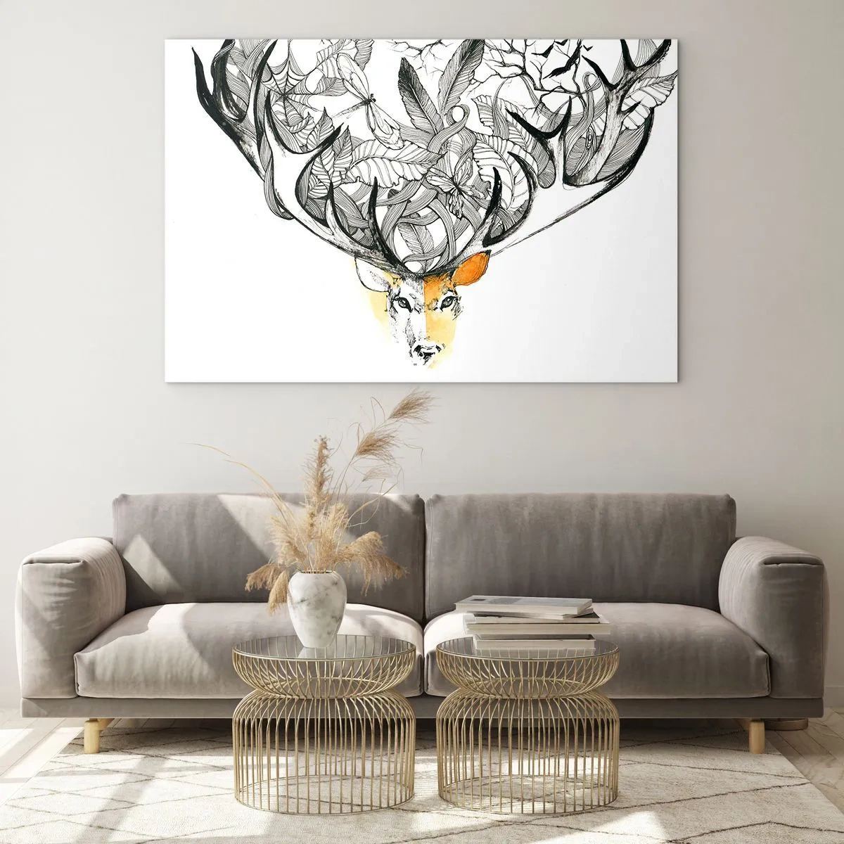 Glasbild - Bild auf glas - Zeichnung eines Hirsches mit ausgefallenem Geweih - 100x70cm - Ecken des Überflusses - Moderne Wanddekoration für Wohnzimmer und Schlafzimmer ARTTOR