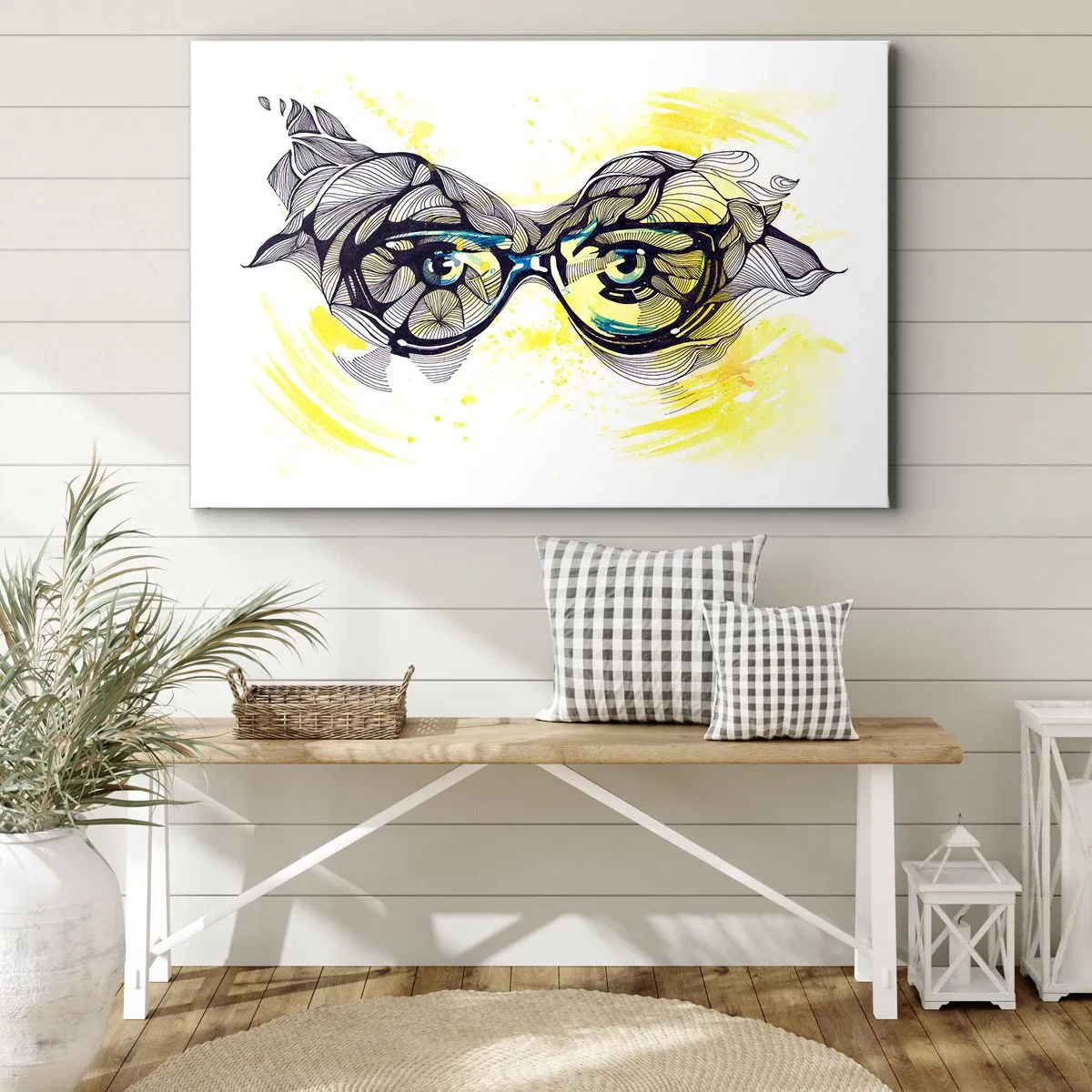 Bild auf Leinwand - Leinwandbild - Künstlerische Grafik einer Brille mit ausdrucksstarken Augen - 100x70cm - Durch blaue Brille - Moderne Wanddekoration für Wohnzimmer und Schlafzimmer ARTTOR