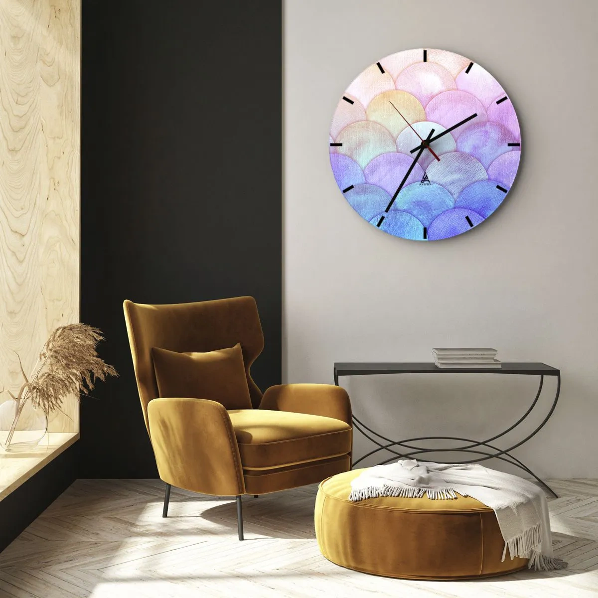Wanduhr - Glasuhr - Halbrunde Pastellschuppen in Rosa-, Lila- und Blautönen - 30x30cm - Perlenschuppe - Moderne Wanddekoration für Wohnzimmer, Küche und Schlafzimmer ARTTOR