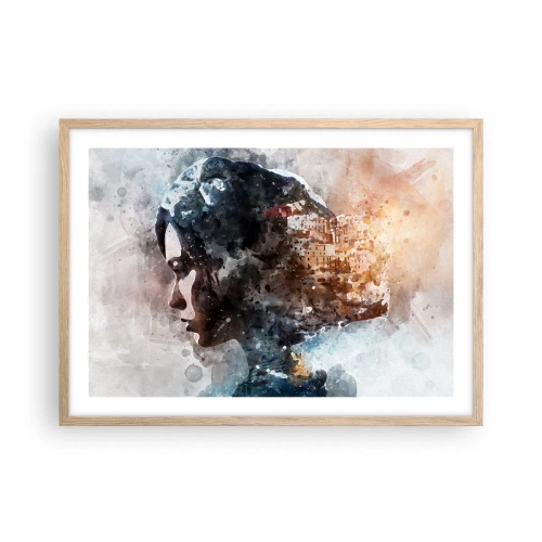 Poster in einem Rahmen aus heller Eiche - Eine Geschichte über ein Mädchen mit einer Stadt im Hintergrund - 70x50 cm