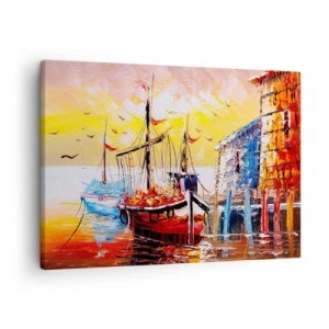 Bild auf Leinwand - Leinwandbild - Malerischer Hafen bei Sonnenuntergang mit Fischerbooten - 70x50cm - Glückliche Rückkehr - Moderne Wanddekoration für Wohnzimmer und Schlafzimmer ARTTOR