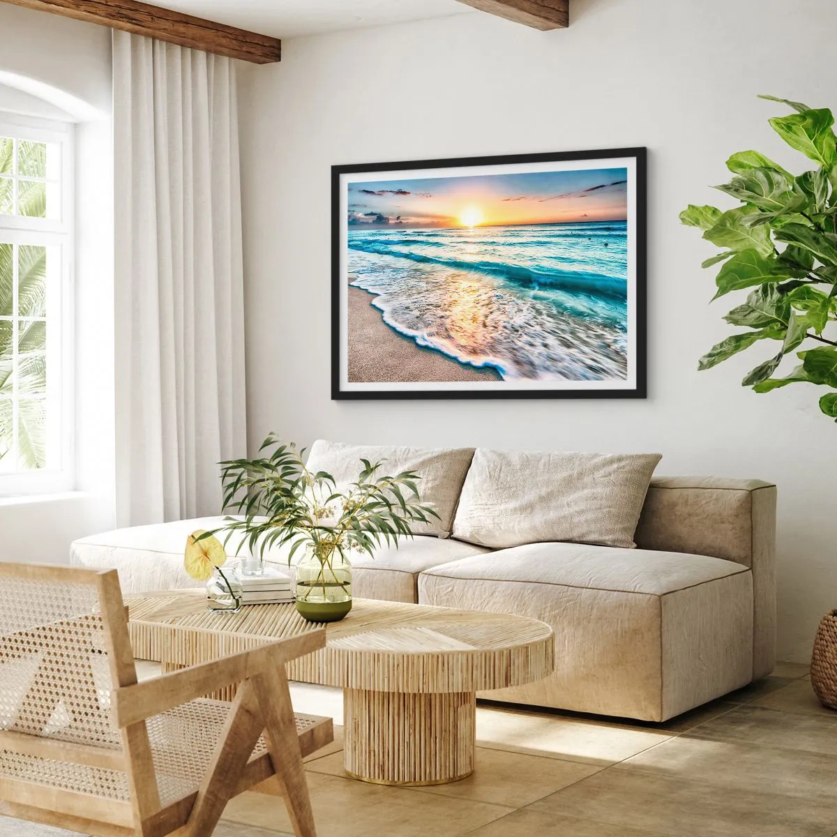 Poster in einem schwarzem Rahmen - Sonnenaufgang über einem ruhigen Strand mit Wellen - 100x70cm - Ein Blick lohnt sich - Moderne Wanddekoration für Wohnzimmer und Schlafzimmer ARTTOR