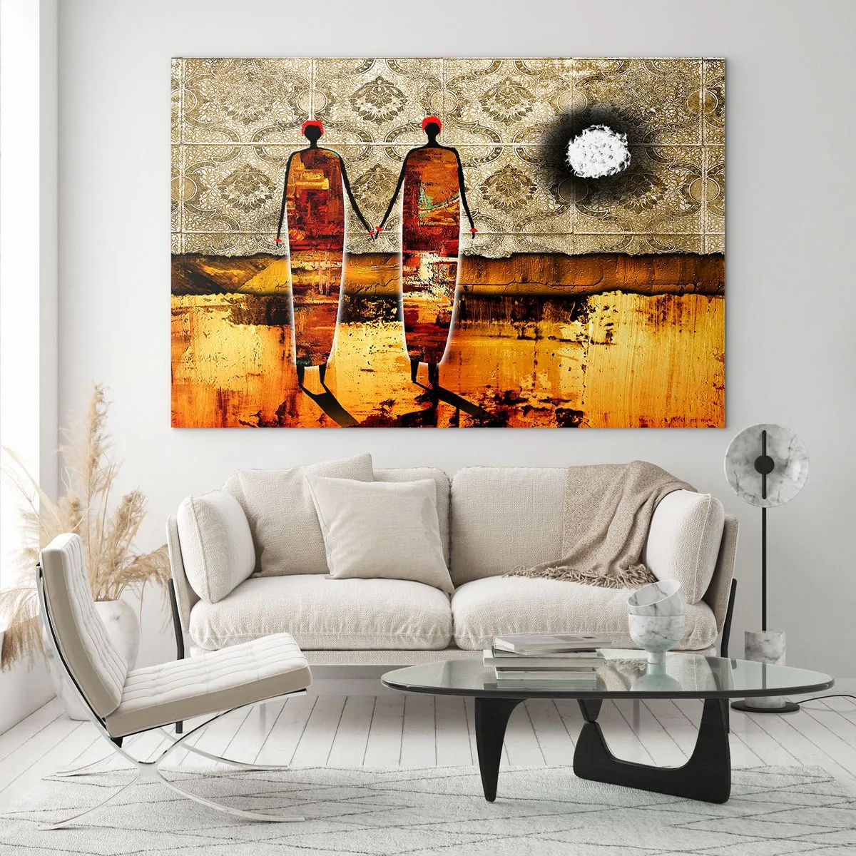 Glasbild - Bild auf glas - Zwei abstrakte Figuren vor einem Hintergrund aus Ornamenten und goldenen Farbtönen - 120x80cm - Ethnische Zusammensetzung in den Farben Afrikas - Moderne Wanddekoration für Wohnzimmer und Schlafzimmer ARTTOR