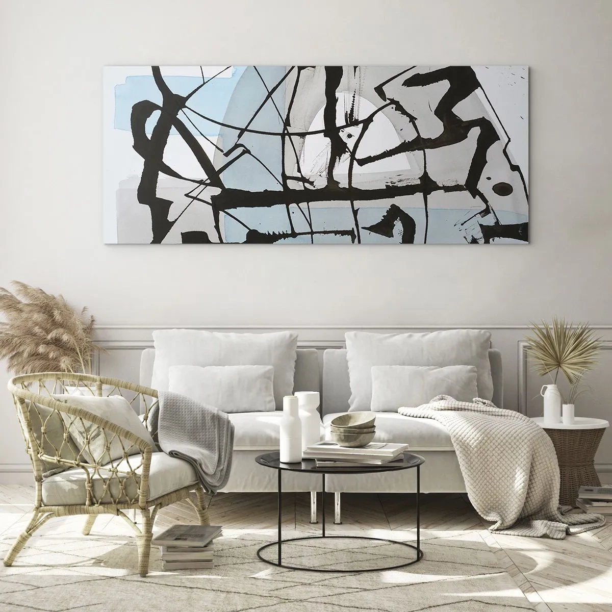 Glasbild - Bild auf glas - Abstrakte Linien und Formen in Blau und Schwarz - 160x50cm - Trotzdem blau - Moderne Wanddekoration für Wohnzimmer und Schlafzimmer ARTTOR