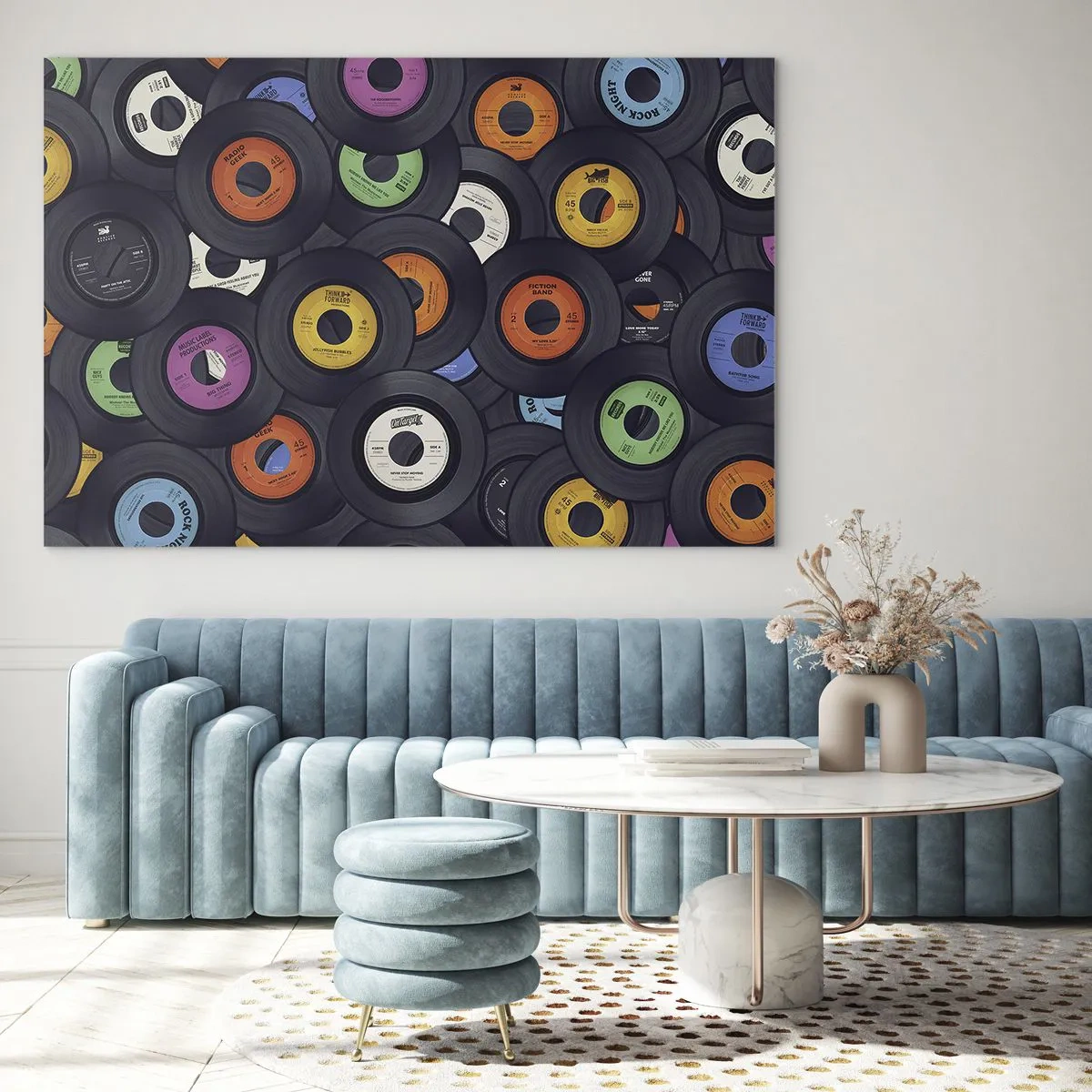 Glasbild - Bild auf glas - Bunte Vinyl-Schallplatten auf schwarzem Hintergrund - 120x80cm - Farben der Klassiker - Moderne Wanddekoration für Wohnzimmer und Schlafzimmer ARTTOR