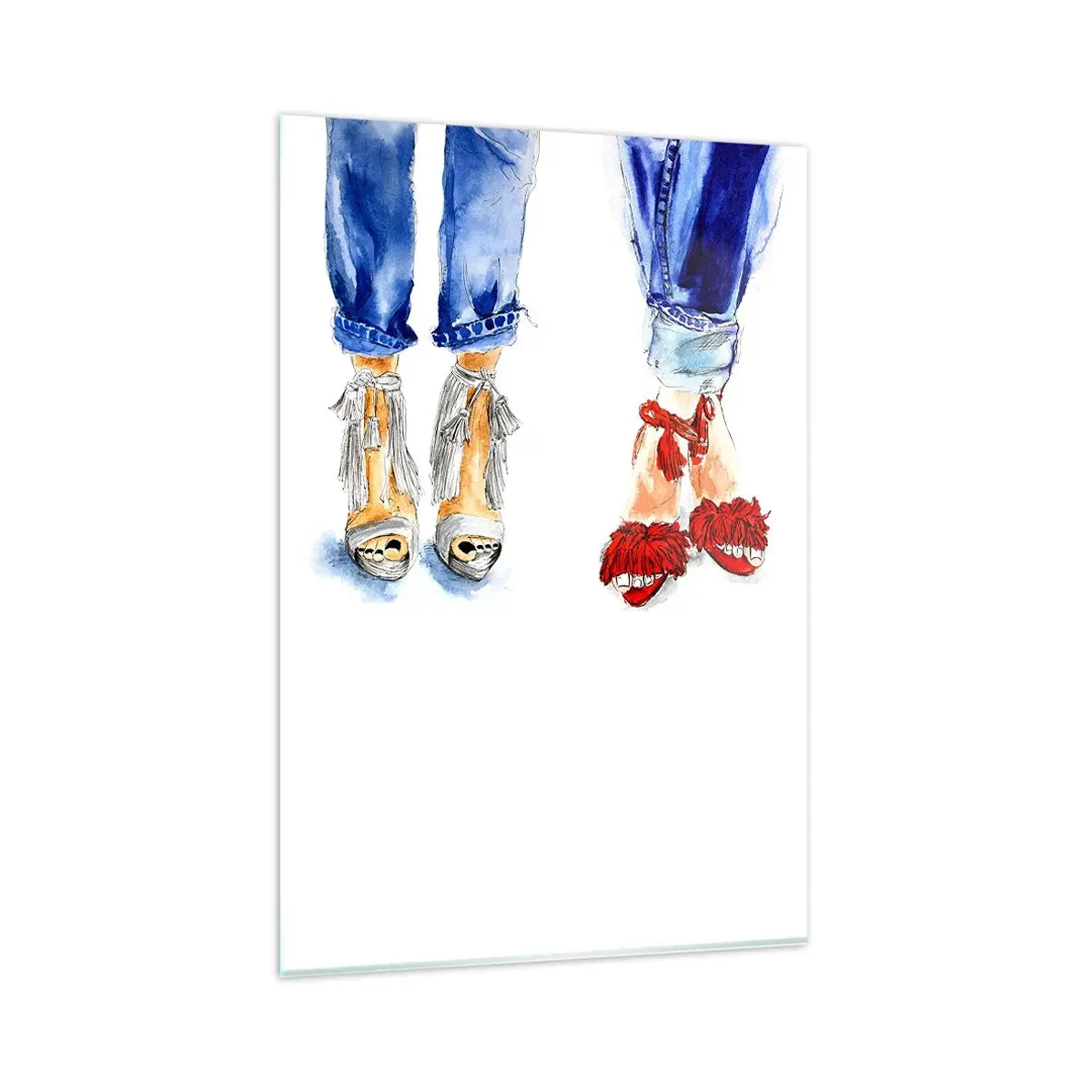 Glasbild - Bild auf glas - Abbildung von zwei Paar Schuhen in stylischen Sandalen und Jeans - 80x120cm - Vielleicht gehen wir spazieren? - Moderne Wanddekoration für Wohnzimmer und Schlafzimmer ARTTOR