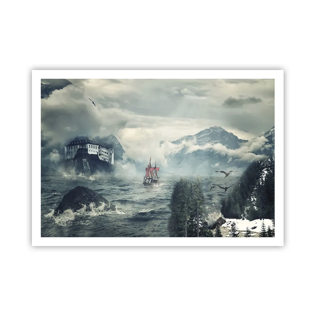 Poster - Eine geheimnisvolle Landschaft mit einem Schloss, Bergen und einem Schiff - 100x70cm - In magischen Gewässern - Moderne Wanddekoration für Wohnzimmer und Schlafzimmer ARTTOR