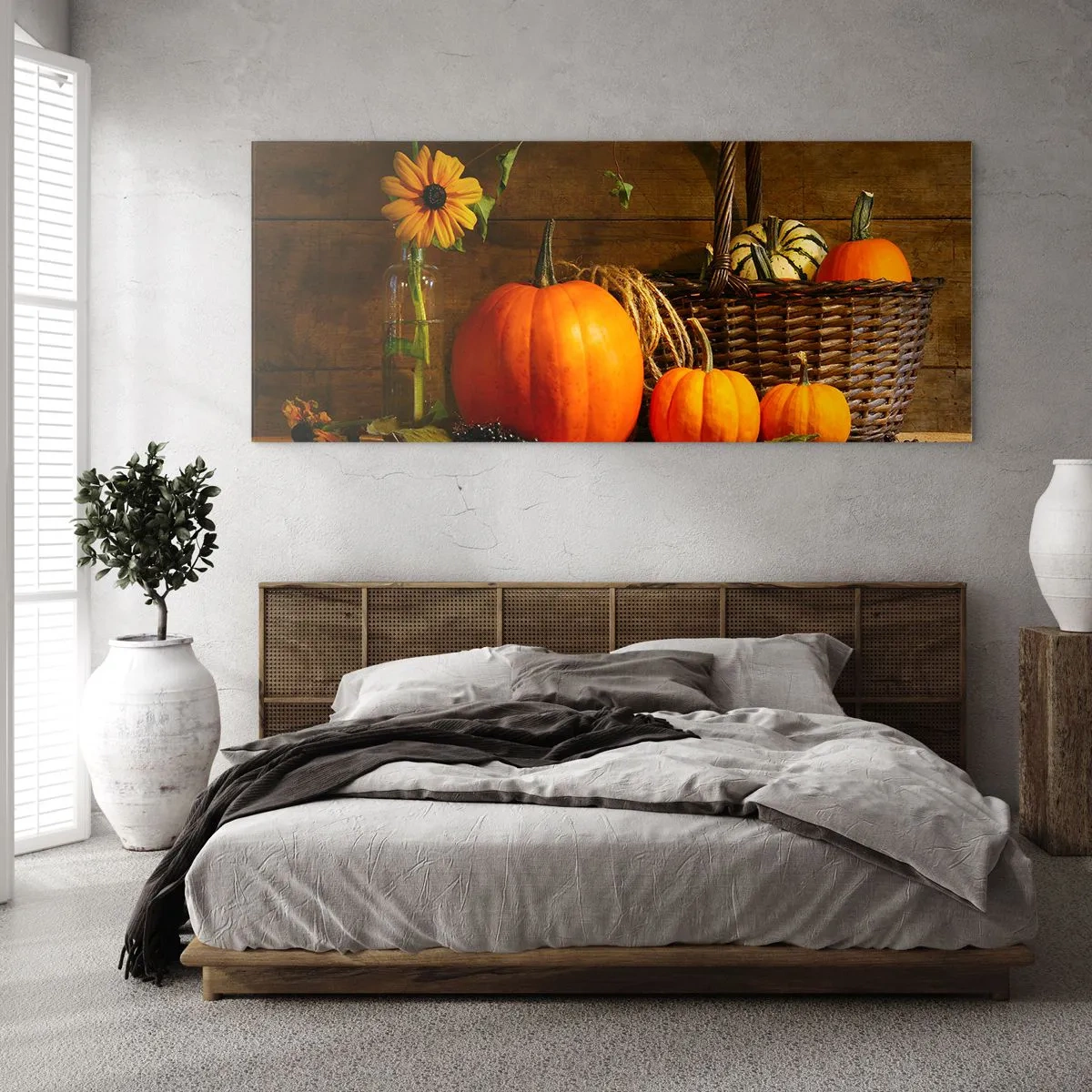 Glasbild - Bild auf glas - Herbstkomposition mit Kürbissen und Blumen auf Holzhintergrund - 120x50cm - Eine rustikale Komposition - Geschenke des Herbstes - Moderne Wanddekoration für Wohnzimmer und Schlafzimmer ARTTOR