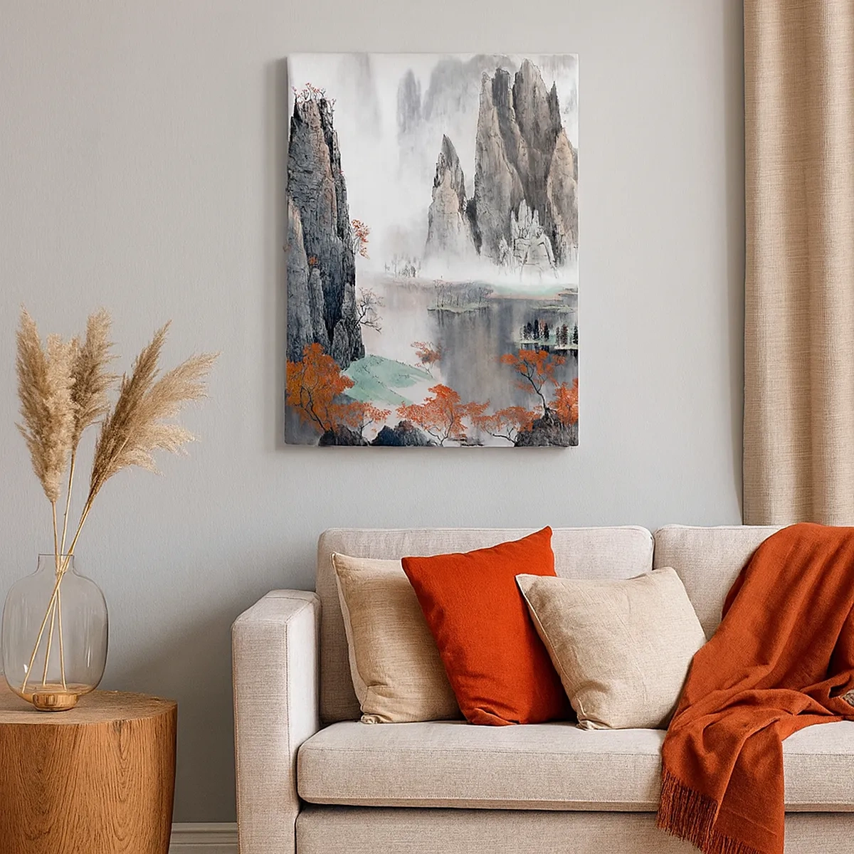 Bild auf Leinwand - Leinwandbild - Malerische Felsen und Bäume in der nebligen chinesischen Landschaft - 50x70cm - Mächtige Wächter - Moderne Wanddekoration für Wohnzimmer und Schlafzimmer ARTTOR