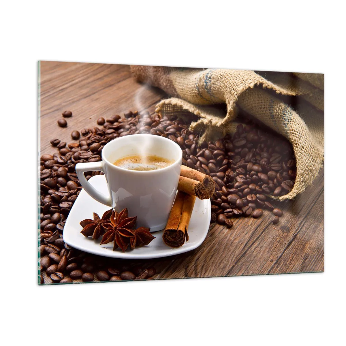 Glasbild - Bild auf glas - Eine Tasse Kaffee mit Zimt und Kaffeebohnen auf einem Holztisch - 120x80cm - Würziger Geschmack und Aroma - Moderne Wanddekoration für Wohnzimmer und Schlafzimmer ARTTOR