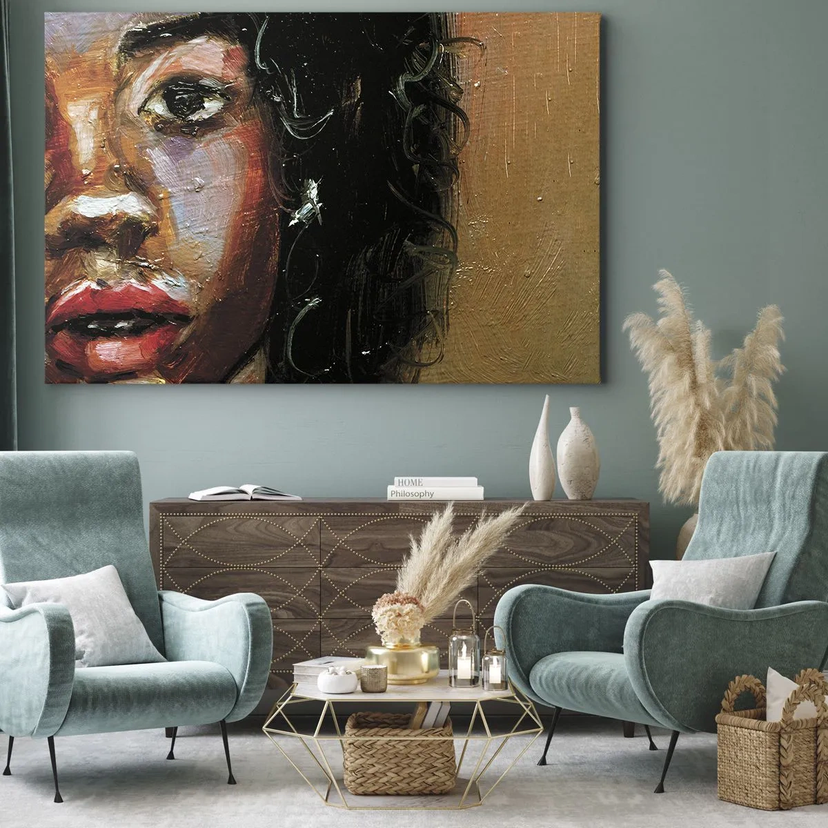 Bild auf Leinwand - Leinwandbild - Ein ausdrucksstarkes Frauenporträt in intensiven Farben. - 70x50cm - Schwarz und Glanz - Moderne Wanddekoration für Wohnzimmer und Schlafzimmer ARTTOR