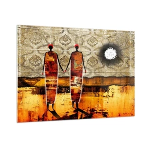 Glasbild - Bild auf glas - Zwei abstrakte Figuren vor einem Hintergrund aus Ornamenten und goldenen Farbtönen - 100x70cm - Ethnische Zusammensetzung in den Farben Afrikas - Moderne Wanddekoration für Wohnzimmer und Schlafzimmer ARTTOR