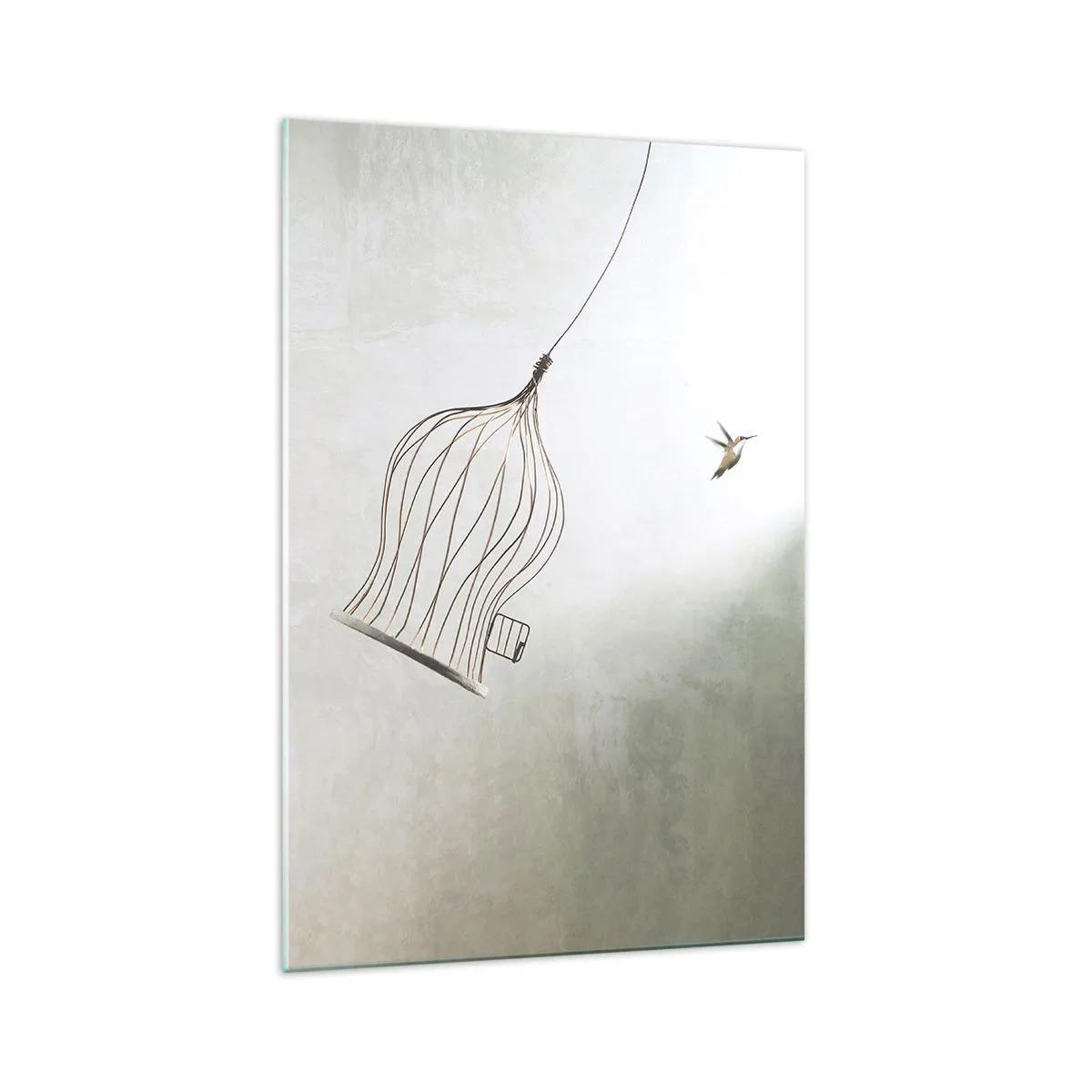 Glasbild - Bild auf glas - Ein aus einem Käfig befreiter Vogel vor dem Hintergrund eines hellen Himmels - 70x100cm - In seinem Element - Moderne Wanddekoration für Wohnzimmer und Schlafzimmer ARTTOR