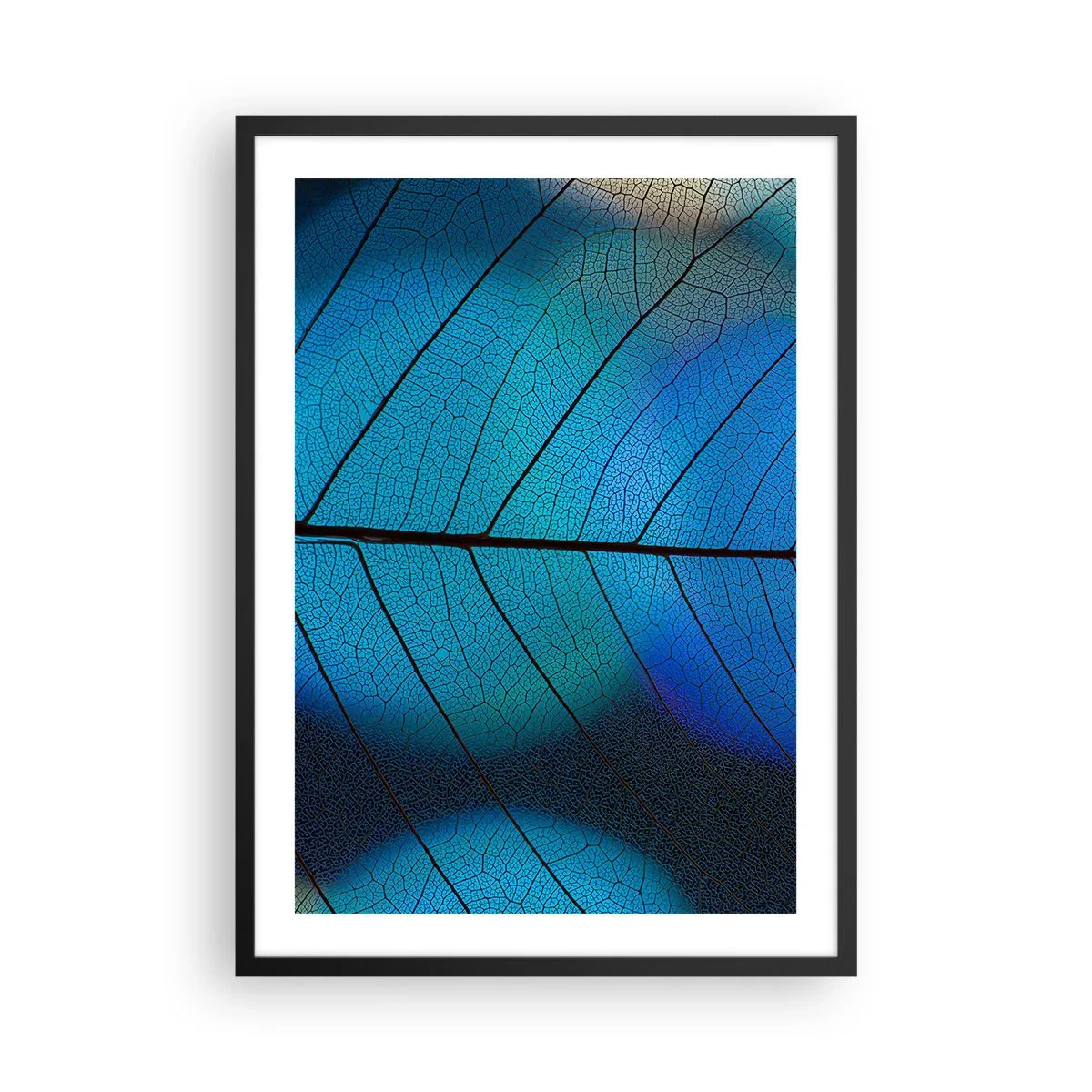 Poster in einem schwarzem Rahmen - Nahaufnahme eines blauen Blattes mit markanten Adern - 50x70cm - Komplizierte Konstruktion - Moderne Wanddekoration für Wohnzimmer und Schlafzimmer ARTTOR
