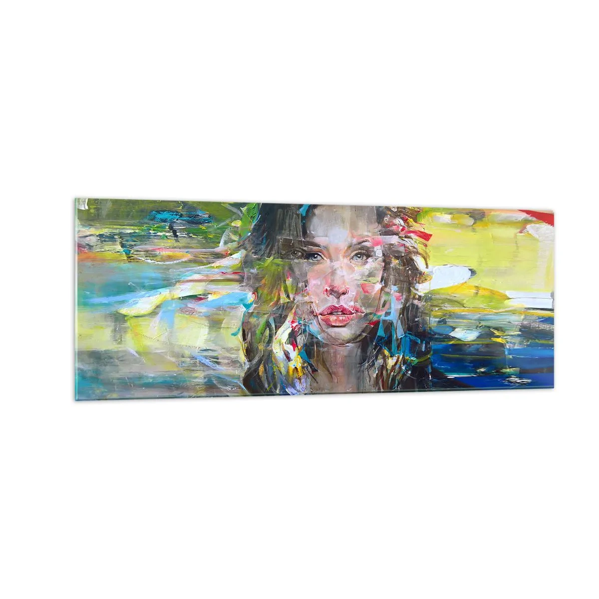 Glasbild - Bild auf glas - Abstraktes Frauenporträt in intensiven Farben - 140x50cm - Hinter der Luft ein Vorhang - Moderne Wanddekoration für Wohnzimmer und Schlafzimmer ARTTOR