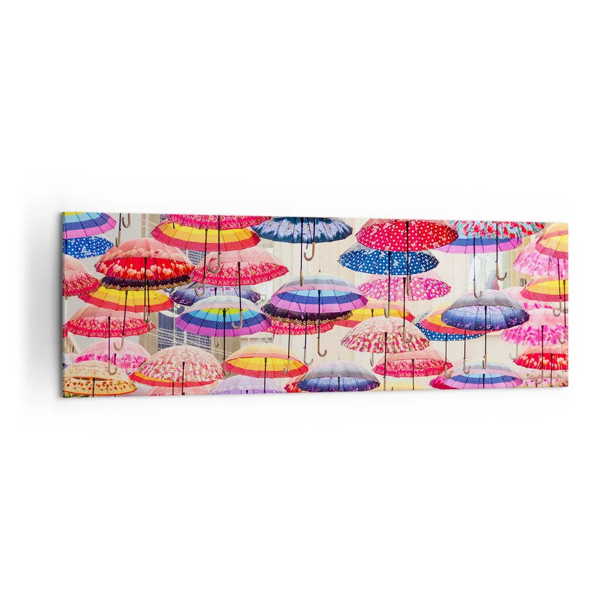 Bild auf Leinwand - Leinwandbild - Bunte Regenschirme schweben in der Luft - 160x50cm - Stadtwiese - Moderne Wanddekoration für Wohnzimmer und Schlafzimmer ARTTOR