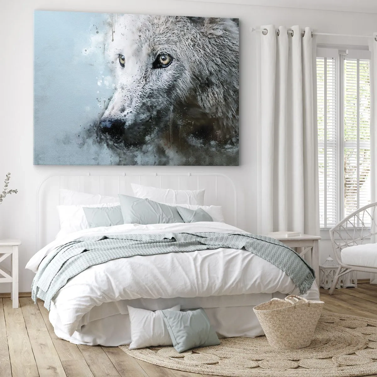 Bild auf Leinwand - Leinwandbild - Aquarellporträt eines Wolfes - 100x70cm - Lerne die Wolfsseele kennen - Moderne Wanddekoration für Wohnzimmer und Schlafzimmer ARTTOR