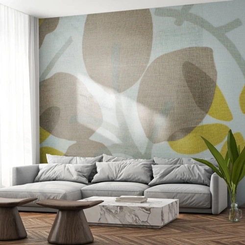 Fototapete Premium Sand - Beige und gelbe Blätter auf hellem Hintergrund im Retro-Stil - 100x70cm - Komposition in voller Sonne - Moderne Wanddekoration für Wohnzimmer und Schlafzimmer ARTTOR
