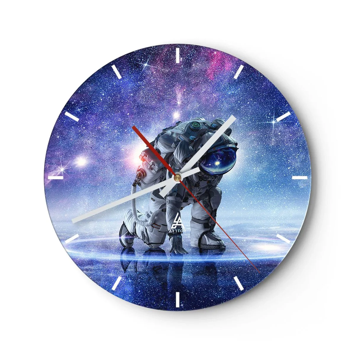 Wanduhr - Glasuhr - Ein Astronaut vor dem Hintergrund einer kosmischen Galaxie in intensiven Farben. - 30x30cm - Der Sternenhimmel über mir - Moderne Wanddekoration für Wohnzimmer, Küche und Schlafzimmer ARTTOR