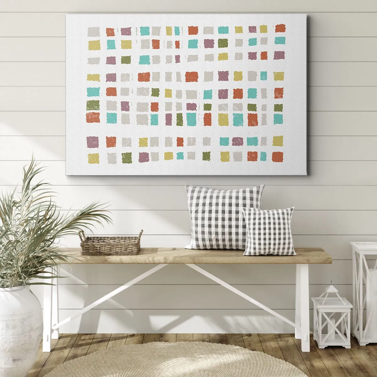 Bild auf Leinwand - Leinwandbild - Bunte Quadrate in minimalistischer Anordnung auf weißem Hintergrund - 70x50cm - Unbekanntes Spiel - Moderne Wanddekoration für Wohnzimmer und Schlafzimmer ARTTOR