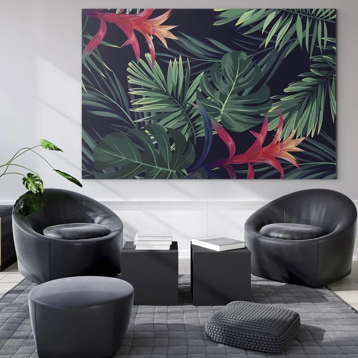 Glasbild - Bild auf glas - Exotische Blätter und Blüten auf dunklem Hintergrund - 100x70cm - Im Grünen in Flammen gehen - Moderne Wanddekoration für Wohnzimmer und Schlafzimmer ARTTOR