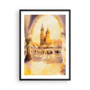 Poster in einem schwarzem Rahmen - Ein Aquarell, das den Krakauer Marktplatz bei Sonnenuntergang zeigt. - 50x70cm - Östlich über dem Krakauer Marktplatz - Moderne Wanddekoration für Wohnzimmer und Schlafzimmer ARTTOR
