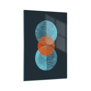 Glasbild - Bild auf glas - Geometrische Kreise in Blau- und Orangetönen - 70x100cm - Symmetrische Komposition - Moderne Wanddekoration für Wohnzimmer und Schlafzimmer ARTTOR