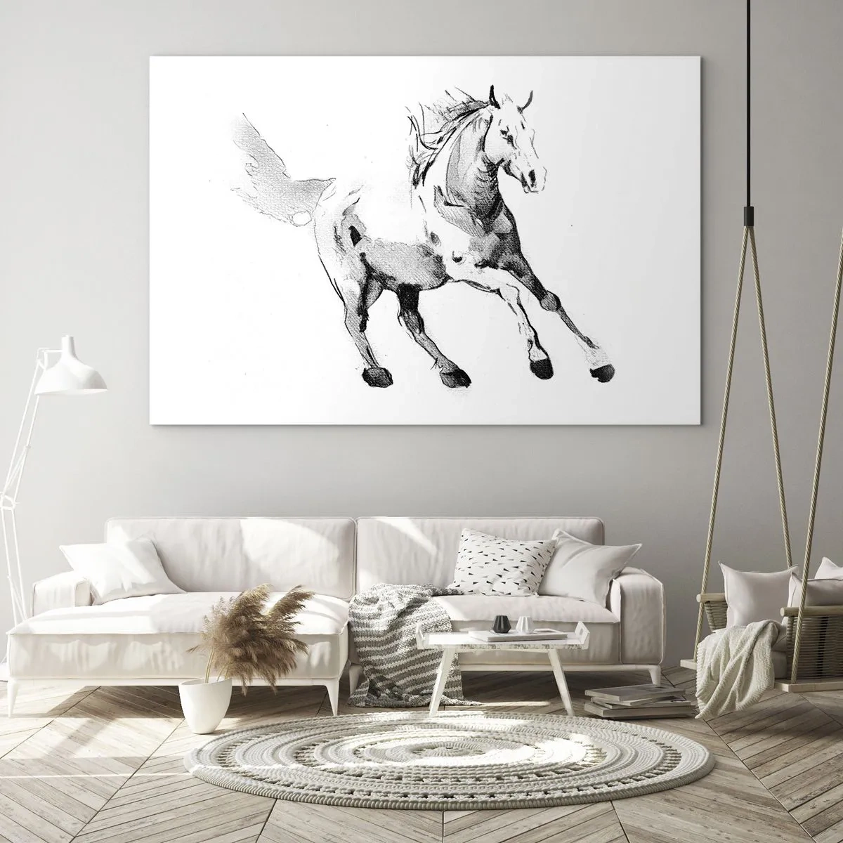 Glasbild - Bild auf glas - Schwarz-weiße Skizze eines galoppierenden Pferdes auf weißem Hintergrund - 70x50cm - Ungezähmte Seele - Moderne Wanddekoration für Wohnzimmer und Schlafzimmer ARTTOR