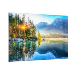 Glasbild - Bild auf glas - Berglandschaft mit See und Morgensonne - 100x70cm - Majestät und Süße - Moderne Wanddekoration für Wohnzimmer und Schlafzimmer ARTTOR