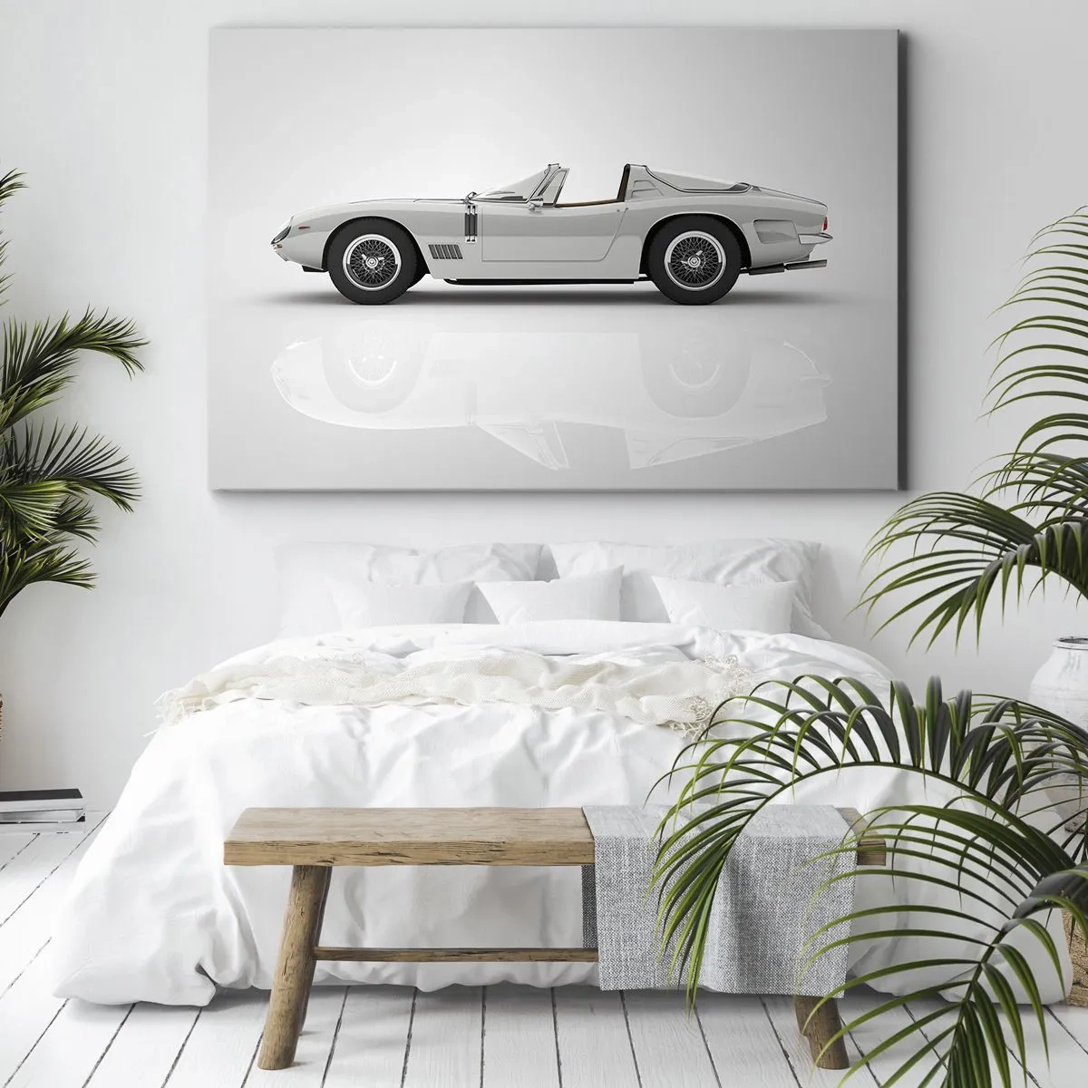 Bild auf Leinwand - Leinwandbild - Klassisches weißes Cabrio auf hellem Hintergrund - 70x50cm - Spaß versprochen - Moderne Wanddekoration für Wohnzimmer und Schlafzimmer ARTTOR