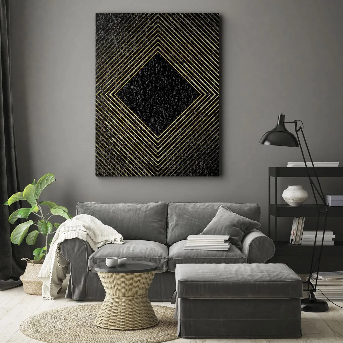 Bild auf Leinwand - Leinwandbild - Schwarzer Hintergrund mit einem geometrischen Muster aus goldenen Linien - 80x120cm - Geometrie im glamourösen Stil - Moderne Wanddekoration für Wohnzimmer und Schlafzimmer ARTTOR