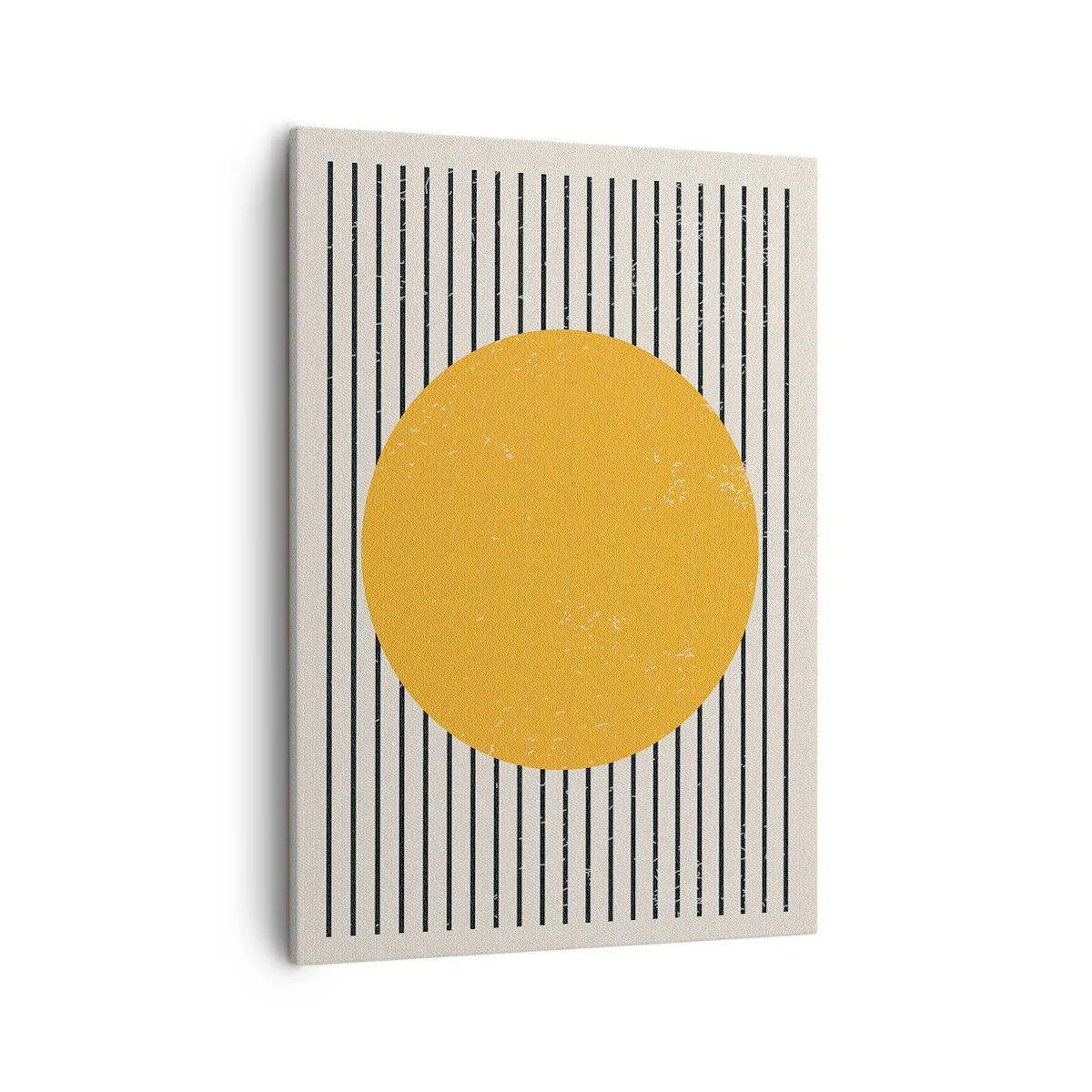 Bild auf Leinwand - Leinwandbild - Ein gelber Kreis auf einem Hintergrund aus schwarzen und weißen horizontalen Linien - 50x70cm - Die Kraft der Einfachheit - Moderne Wanddekoration für Wohnzimmer und Schlafzimmer ARTTOR